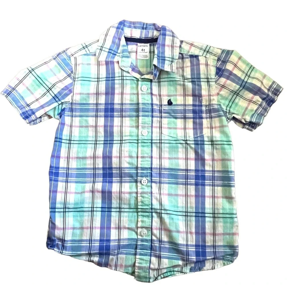 Carter's Toddler Boys Multicolor Plaid Short Sleeve‎ Button Up Sailboat Size 4T